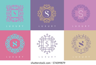 S Letter Pastel Floral Monogram Lines Logo Design. Elegant Linear Cosmetic Beauty.
