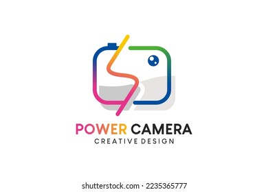 S letter power camera logo design, photography camera logo colorful striped style