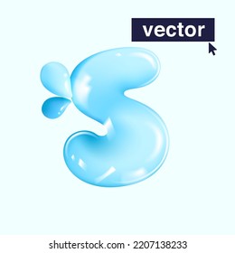 S letter pure water logo in realistic 3D and cartoon balloon style. Glossy eco blue vector illustration. Perfect for watercolor splash banners, organic emblems, healthy food packaging design.