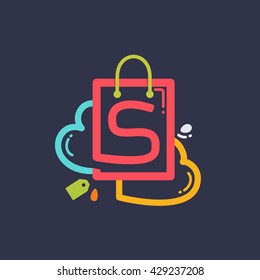 S letter with shopping bag and hearts icon. Vector design element for tag, card, corporate identity, label, sticker or poster.