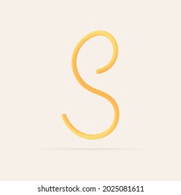 S letter spaghetti design. Vector hand draw realistic food font. Isolated Italian pasta for tasty poster, restaurant identity, gourmet element and more