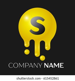 S Letter splash logo. Yellow dots and bubbles letter design on black background. Vector Illustration