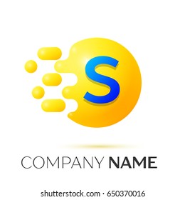 S Letter splash logo. Yellow dots and circle bubble letter design on grey background. Vector Illustration