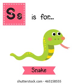 S letter tracing. Green Snake. Cute children zoo alphabet flash card. Funny cartoon animal. Kids abc education. Learning English vocabulary. Vector illustration.