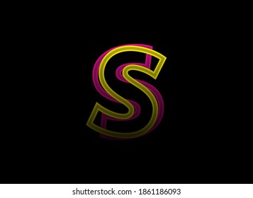 S letter vector design, shadow font logo. Dynamic split pink, yellow color on black background. For social media,design elements, creative poster, web template    

