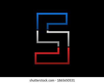 S letter vector desing, outline stroke font logo. Dynamic split grey,  blue color on black background. For social media,design elements, creative poster, web template and more


