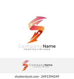 S logo and arrow design, red color with technology icons