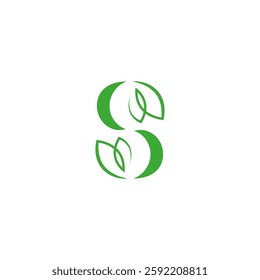 S logo with combination of natural green leaves in simple flat design style
