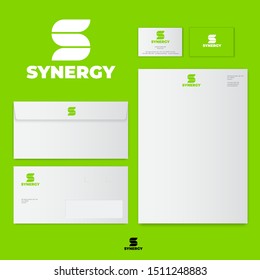 S logo consist of three leaves. S monogram and Identity. Corporate style, envelope, letterhead, business card, pens.