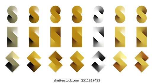 S logo gold infinite icon. Eight symbol abstract gradient letter endless double loop. Round, square and rhombus tile connect sign. 3d spin shape luxury colored number 8. Mobius strip swirl flat block.