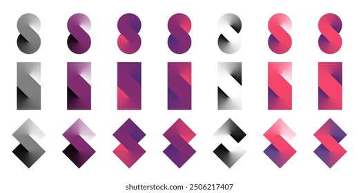 S logo infinite icon. Eight symbol abstract gradient letter endless double loop. Round, square and rhombus tile connect sign. 3d spin shape monochrome colored number 8. Mobius strip swirl flat block