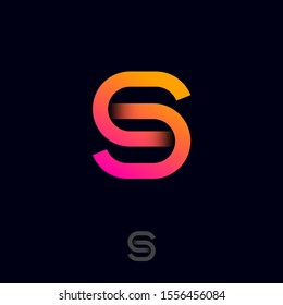 S logo. S letter linear emblem. S pink-yellow monogram  isolated, on dark background. Monochrome option.