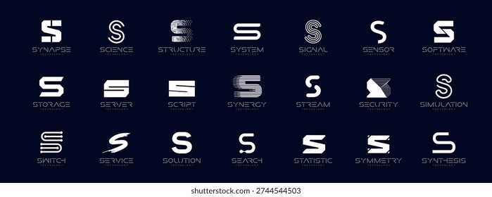 S Logo Letter Set AI Software System Identity Style, Digital Techno Innovation Startup Company Branding. Science Security Service Corporate Branding Monogram Symbols. Sign Collection. Vector Logotype