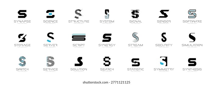 S Logo Letter Set AI Software System Identity Style, Digital Techno Innovation Startup Company Branding. Science Security Service Corporate Branding Monogram Symbols. Sign Collection. Vector Logotype