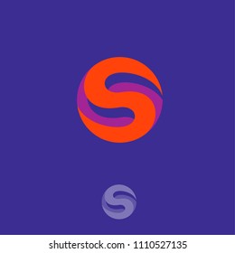 S logo. S monogram. S abstract volume letter. Orange letter on a violet circle. Monochrome design.