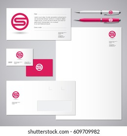 S logo. S red letter monogram and Identity. Corporate style, envelope, letterhead, business card, pens.