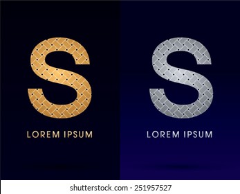 S Luxury font, designed using gold and silver line geometric shape on dark background, idea from wicker,basket ,woven, ribbons, jewelry, diamond ,rope, logo, symbol, icon, graphic, vector.