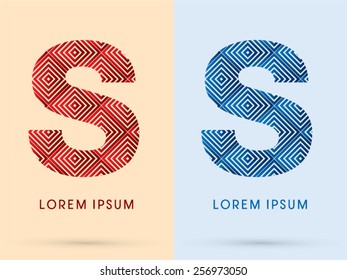 S ,Luxury font, designed using red and blue line square geometric shape, hot and cool tone, logo, symbol, icon, graphic, vector.