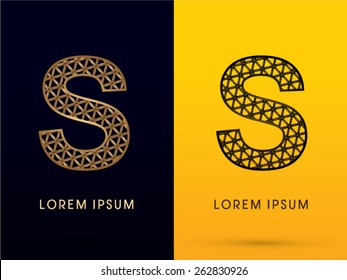S ,Luxury font, designed using gold and black triangle geometric shape. on dark and yellow  background, sign ,logo, symbol, icon, graphic, vector.