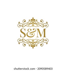 S M initials logo ornament gold. Letter SM wedding ampersand or business partner symbol.	