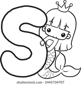 S mermaid cartoon doodle coloring page