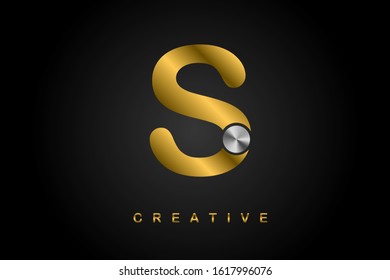 S metallic golden letter with silver screw vector illustration. Creative letter design for icon, logo, label, cover, print, emblem, company name, jewelry or web page. 