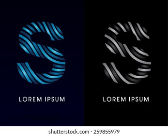 S ,modern wave  font ,designed using blue and black line on dark background, concept move, wave, water, freestyle, zebra line, fantasy ,logo, symbol, icon, graphic, vector.
