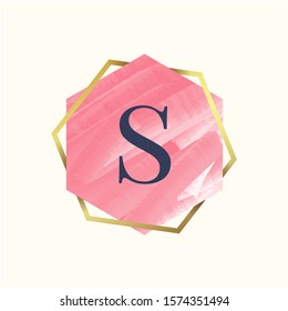 S monogram badge logo design with watercolor background and gold frame, feminine geometric hexagon logo template