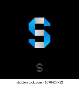 S monogram. S origami logo. S letter like blue and white ribbon on a dark background. Monochrome option.