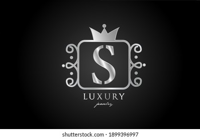 S monogram silver metal alphabet letter logo. Creative icon design with king crown for luxury business and company 