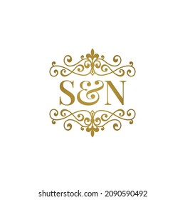 S N initials logo ornament gold. Letter SN wedding ampersand or business partner symbol.	