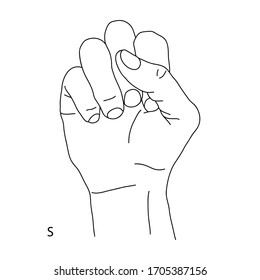 S is the nineteenth letter of the alphabet in sign language. Gesture in the form of a fist. Black and white drawing of a human hand. Deaf language. The Letter S. Vector isolated illustration