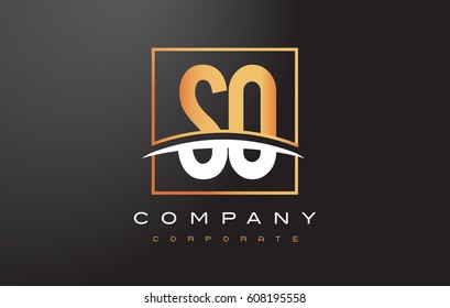 SO S O Golden Letter Logo Design with Swoosh and Rectangle Square Box Vector Design.