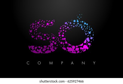 SO S O Letter Logo with Purple Blue Particles and Bubble Dots Design Vector.