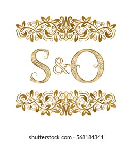 S and O vintage initials logo symbol. The letters are surrounded by ornamental elements. Wedding or business partners monogram in royal style.