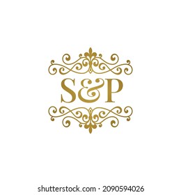 S P initials logo ornament gold. Letter SP wedding ampersand or business partner symbol.	