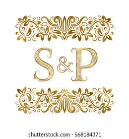 S and P vintage initials logo symbol. The letters are surrounded by ornamental elements. Wedding or business partners monogram in royal style.