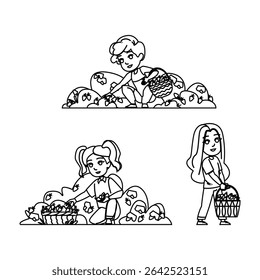 s picking strawberries kid vector. farm fun, family outdoors, summer fresh s picking strawberries kid character. people black line pencil drawing illustration