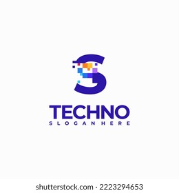 Plantilla de diseño de logotipos de letras de píxeles para S, concepto de símbolo del logotipo de la tecnología de píxeles