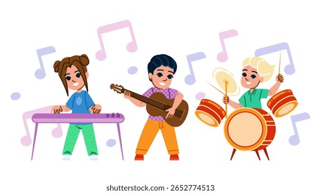 s tocando instrumentos musicais hobby kid vetor. prática de aprendizagem, criatividade divertida, ritmo de melodia s tocando instrumentos musicais hobby kid character. pessoas desenho animado plano ilustração