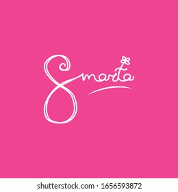 S Prazdnikom 8 Marta, translated Happy Woman's day handwritten lettering card. Vintage pink background. Vector March 8 curly calligraphy with heart.