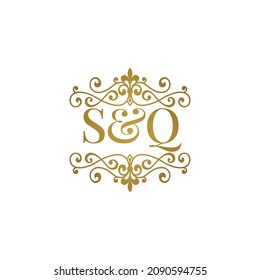 S Q initials logo ornament gold. Letter SQ wedding ampersand or business partner symbol.	