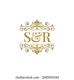 S R initials logo ornament gold. Letter SR wedding ampersand or business partner symbol.	