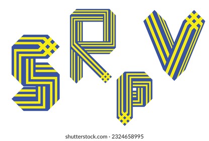 S, R, P, V, 3D-Schriftsymbole mit gelber und neonblauer Farbe, leicht bearbeitbare Symbolsätze, Vektorgrafik