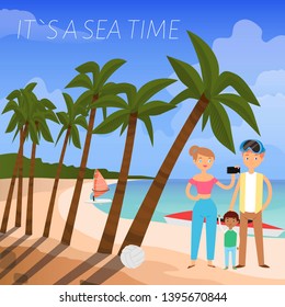 It s sea time banner vector illustration. Family talking selfie banner flat vector illustration. Summer beach vacation on seaside, tropical holiday. Woman using phone for photo.