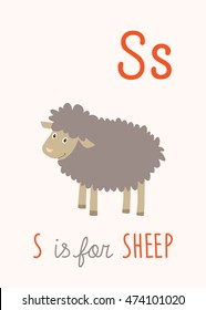 S is for Sheep. Cartoon grey sheep smiling. Cartoon clipart eps 10 illustration isolated on white background.