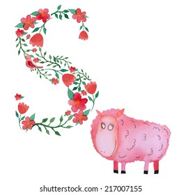 S and sheep. Romantic floral alphabet with cartoon animals, watercolor art print.