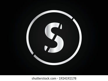 S silver Letter Logo Design with Circle Swoosh and silver Metal Texture.