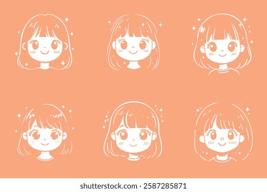 S of six adorable anime-style girl portraits, illustrated in a minimalist vector design. Each character features expressive sparkling eyes, short hair, and a cheerful expression.