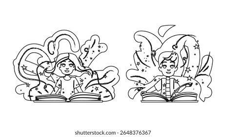 s feitiço livro infantil vetor. wizardry encantamento, poção varinha, feitiçaria alquimia s feitiço livro criança personagem. pessoas linha preta lápis desenho ilustração